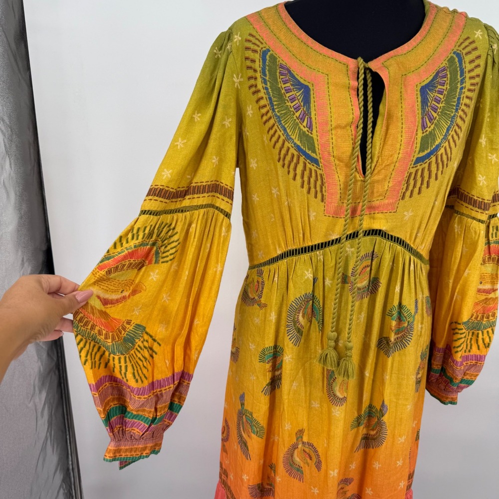 Farm Rio Yellow Ombre Bird Print Metallic Lurex Maxi Dress Womens Medium Boho - Picture 8 of 16